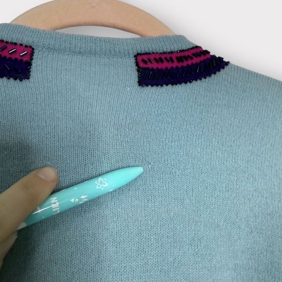 Vintage 1950s Light Blue Wool Cashmere, Floral, Beaded Cardigan Sweater - Picture 6 of 6